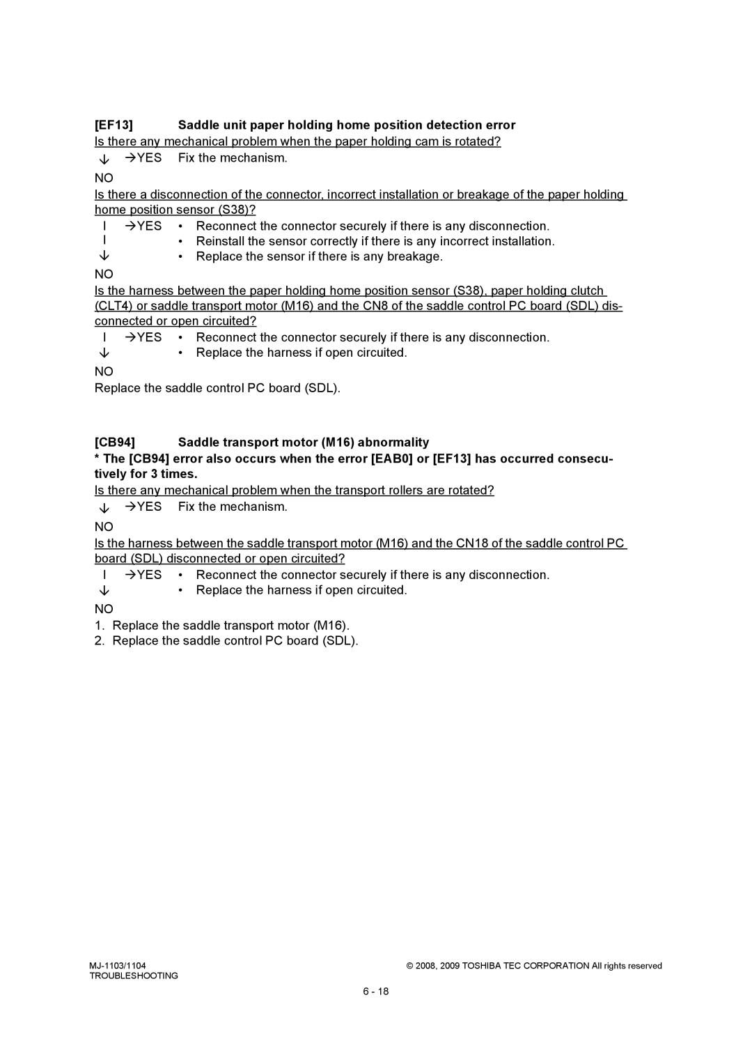 Toshiba MJ-1104, MJ-1103 service manual EF13 Saddle unit paper holding home position detection error 