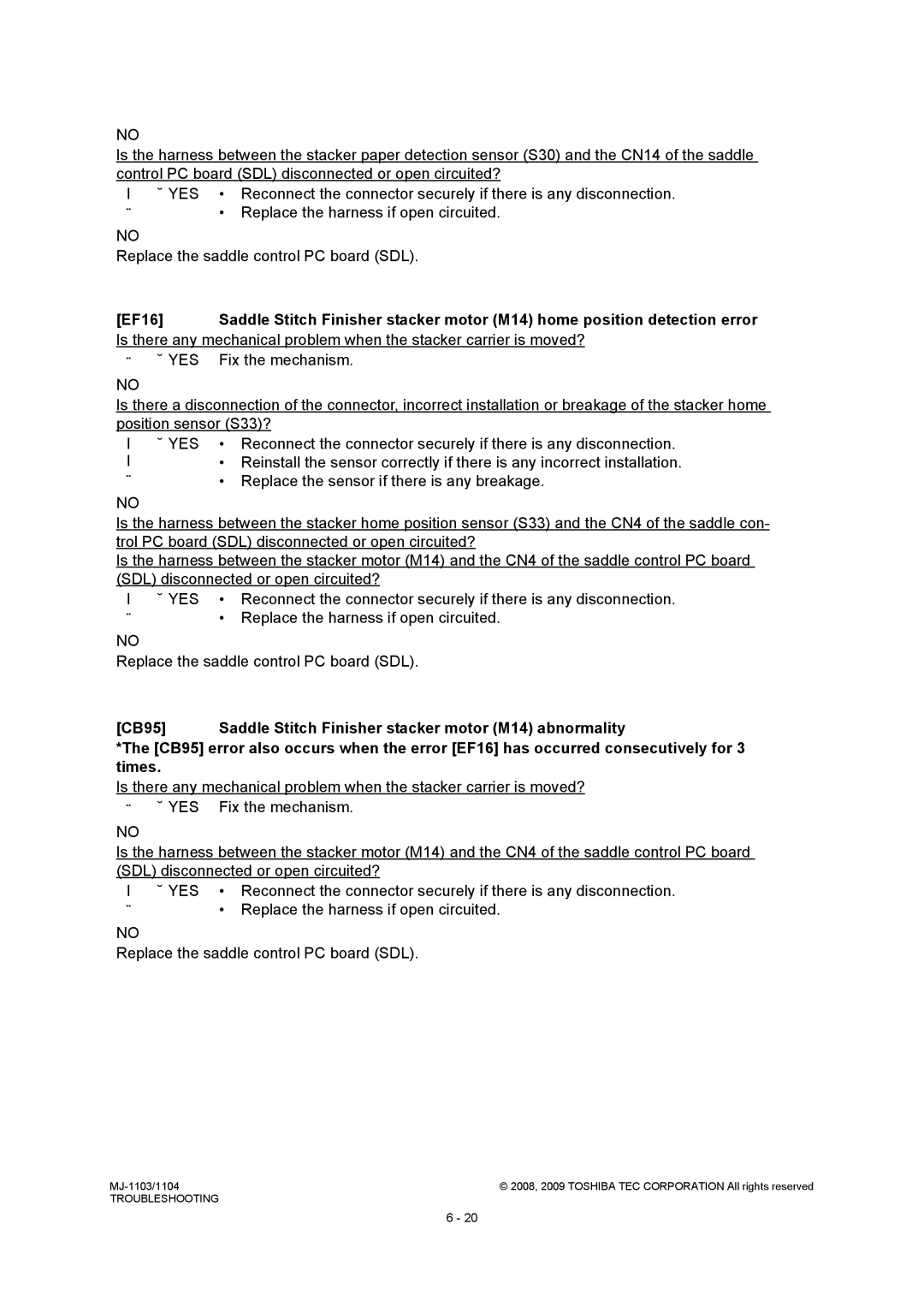 Toshiba MJ-1104, MJ-1103 service manual Troubleshooting 