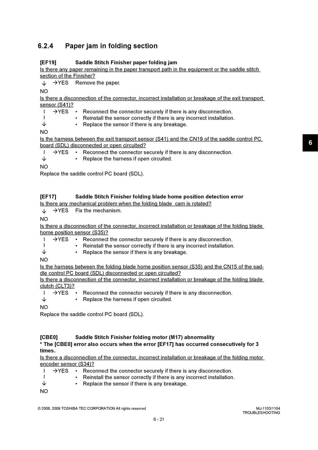 Toshiba MJ-1103, MJ-1104 service manual Paper jam in folding section, EF19 Saddle Stitch Finisher paper folding jam 