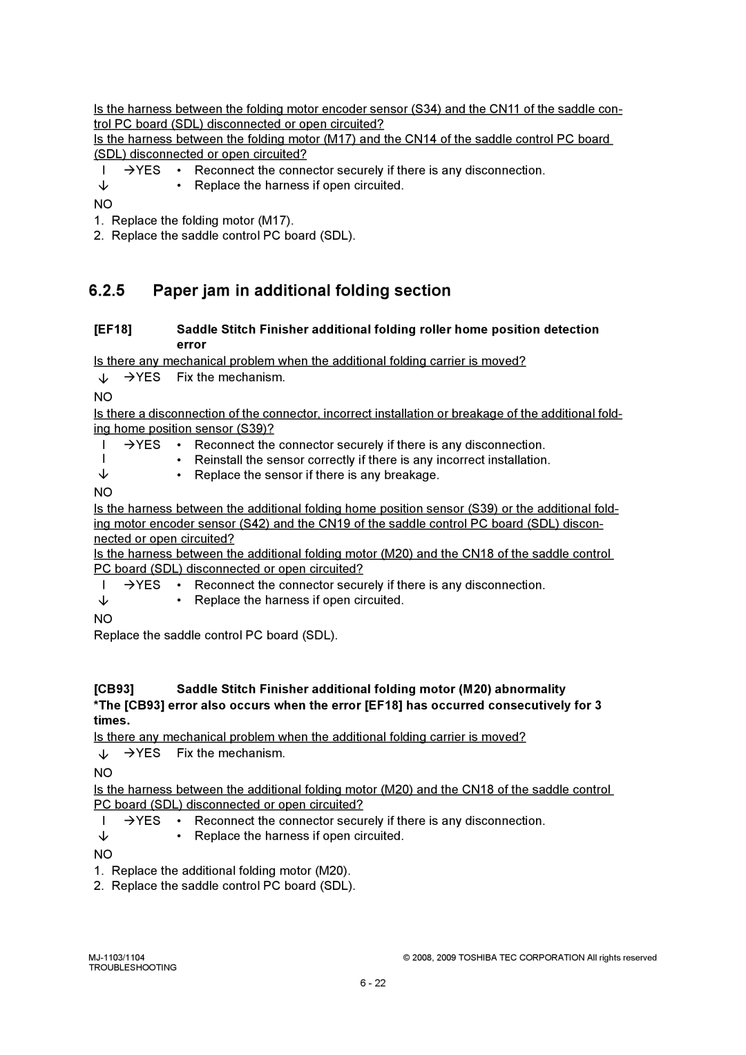 Toshiba MJ-1104, MJ-1103 service manual Paper jam in additional folding section 