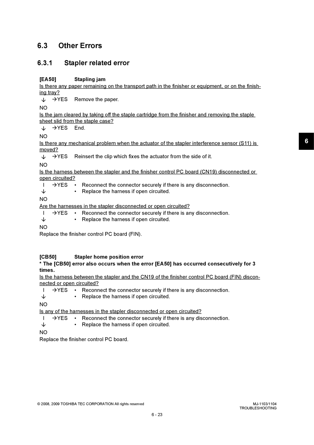 Toshiba MJ-1103, MJ-1104 service manual Other Errors, Stapler related error, EA50, Stapling jam 