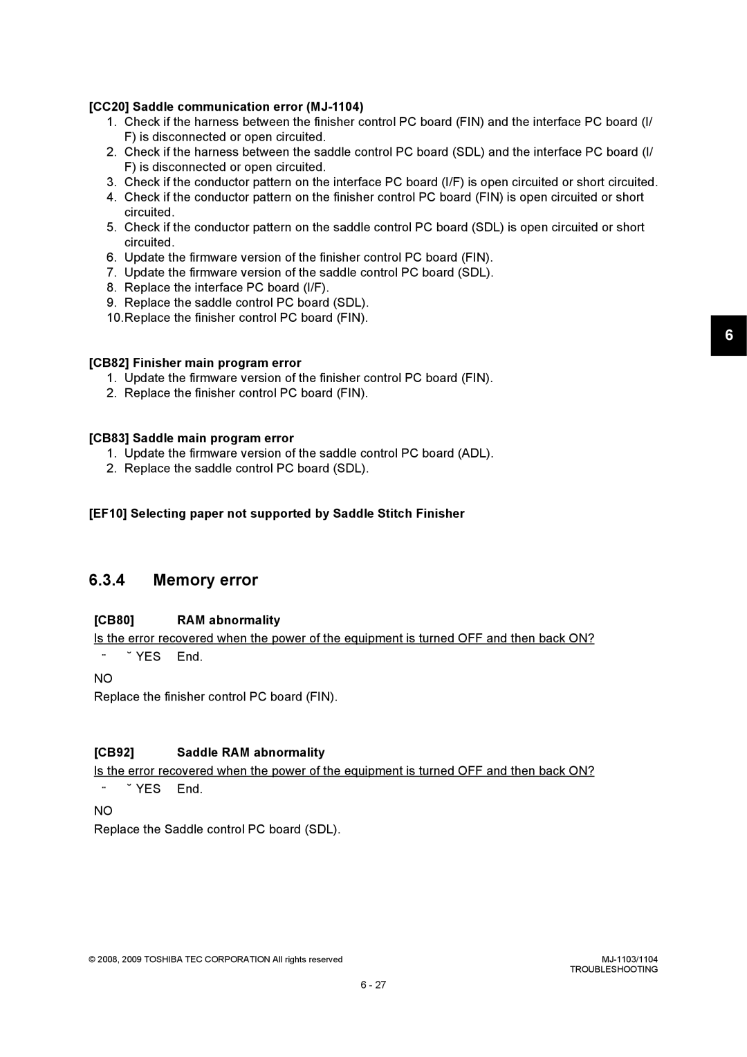 Toshiba MJ-1103, MJ-1104 service manual Memory error 