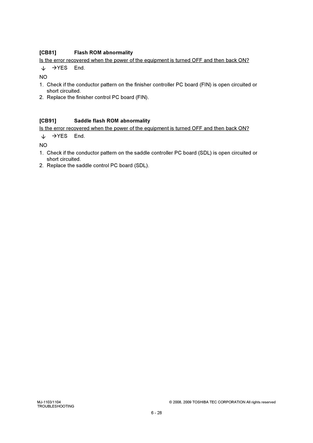 Toshiba MJ-1104, MJ-1103 service manual CB81 Flash ROM abnormality, CB91 Saddle flash ROM abnormality 