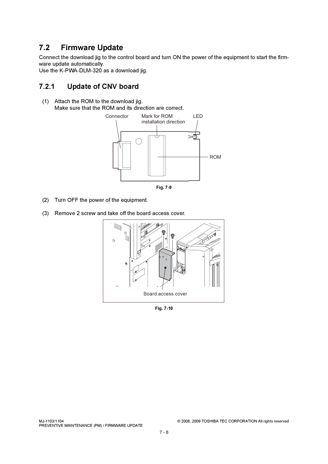 Toshiba MJ-1104, MJ-1103 service manual Firmware Update, Update of CNV board, Connector Mark for ROM, Installation direction 