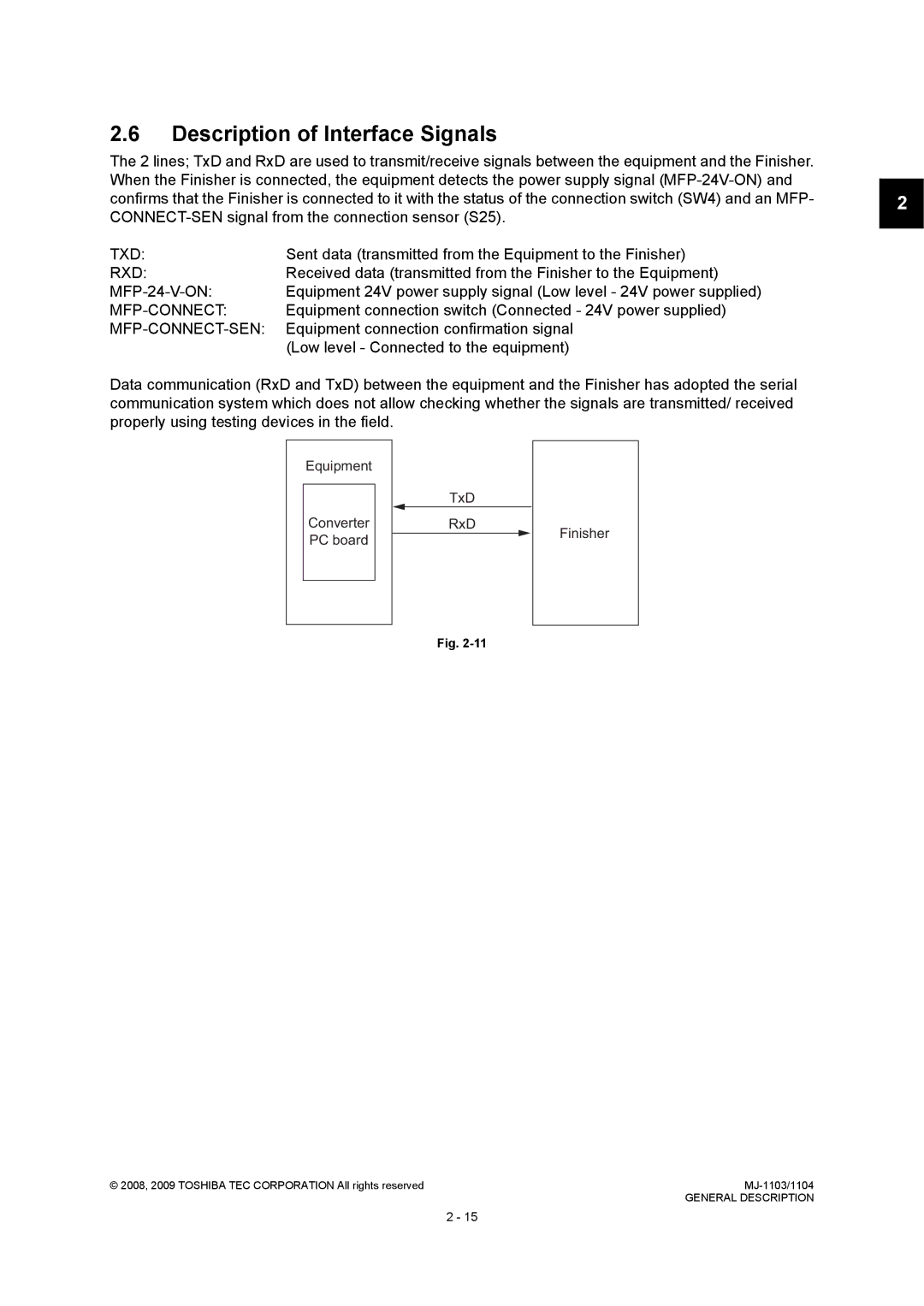 Toshiba MJ-1103, MJ-1104 Description of Interface Signals, Sent data transmitted from the Equipment to the Finisher 