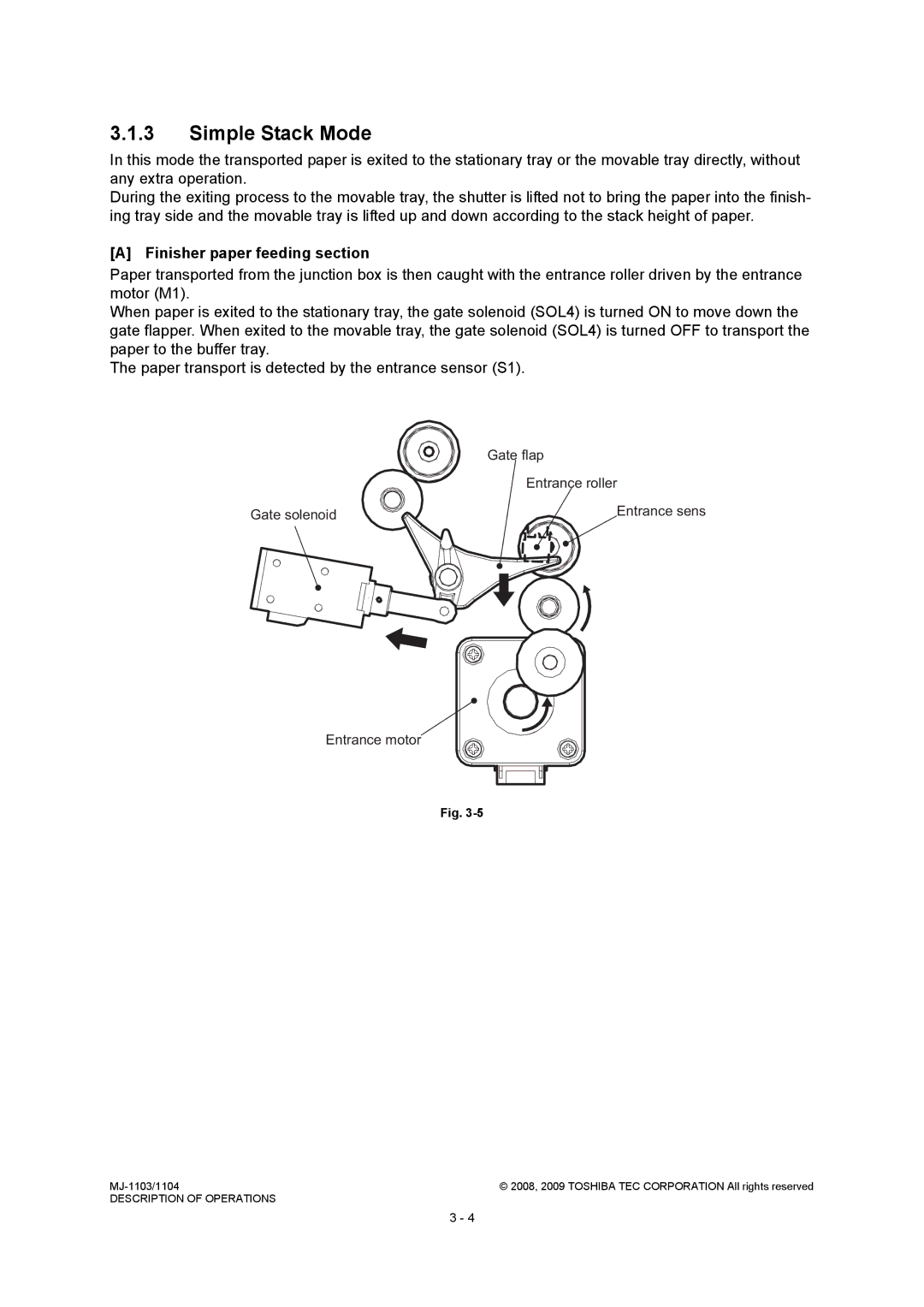 Toshiba MJ-1104, MJ-1103 Simple Stack Mode, Finisher paper feeding section, Gate flap Entrance roller Gate solenoid 