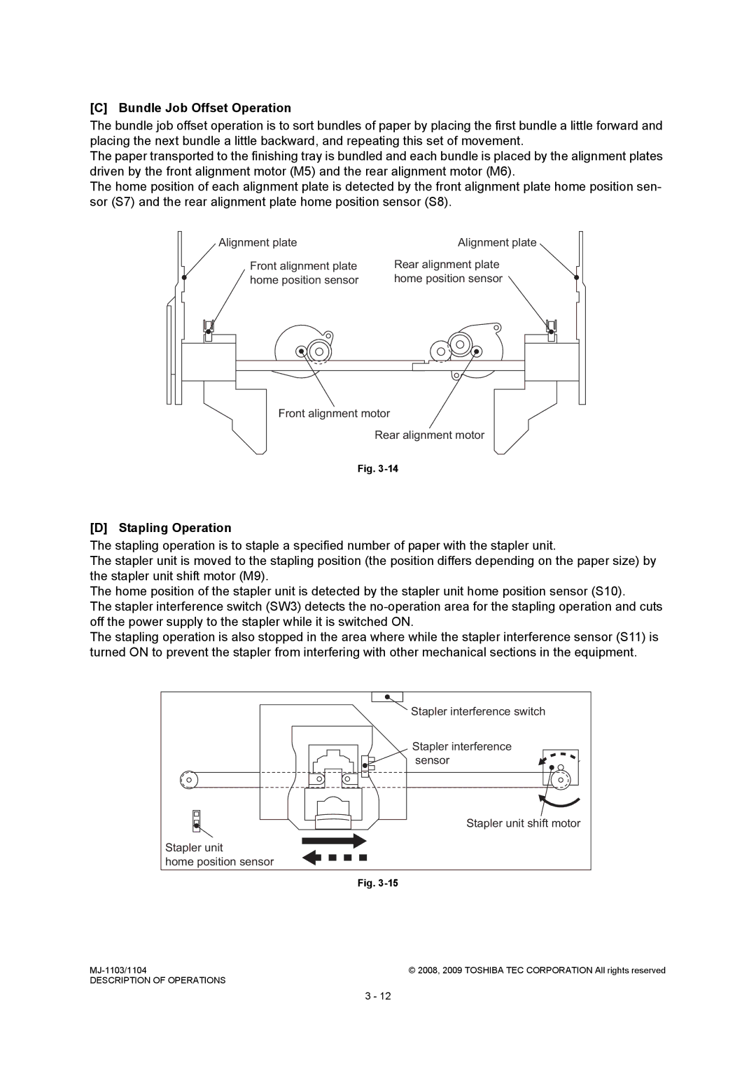 Toshiba MJ-1104, MJ-1103 Bundle Job Offset Operation, Stapling Operation, Stapler interference switch, Stapler unit 