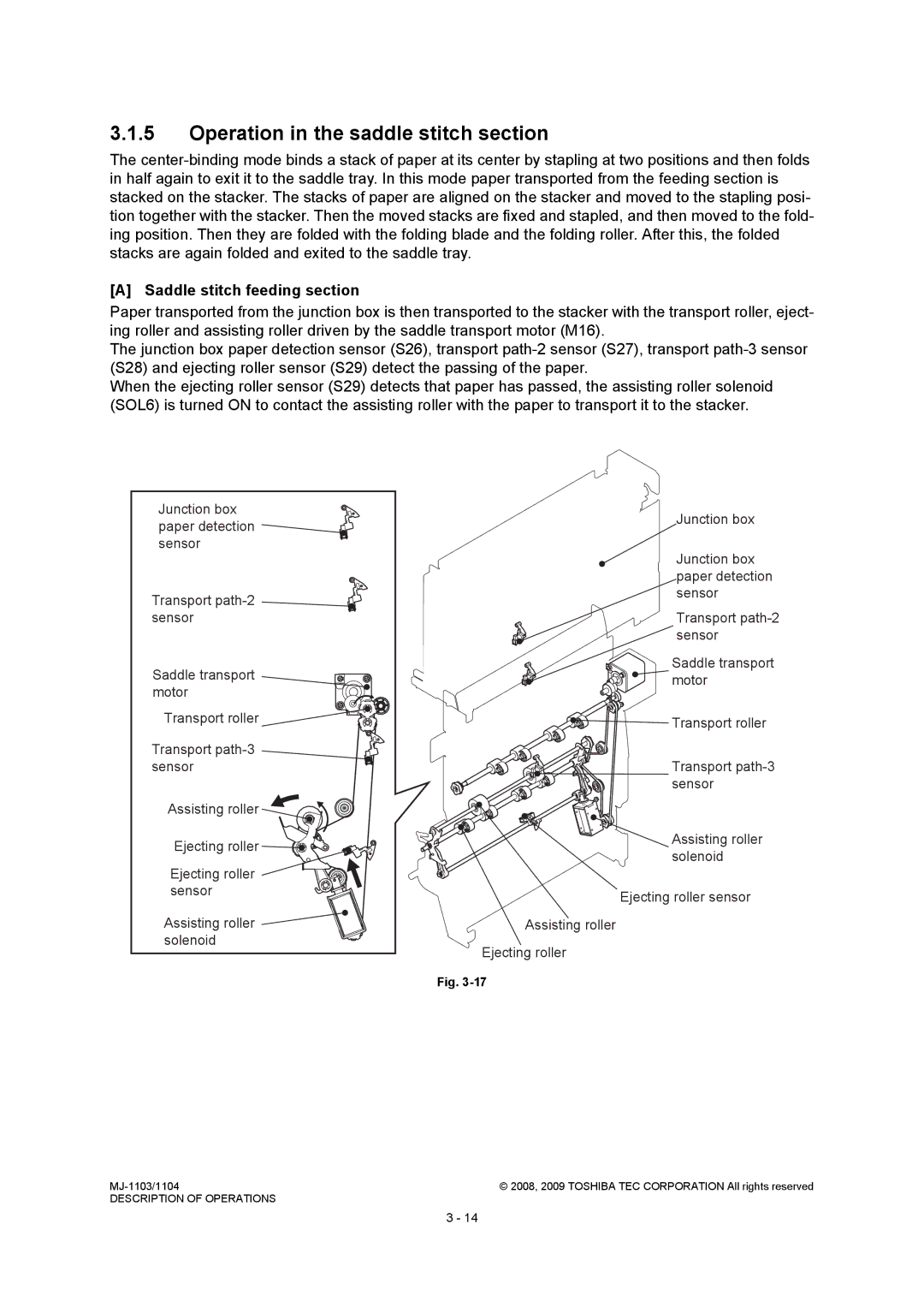 Toshiba MJ-1104, MJ-1103 service manual Operation in the saddle stitch section, Saddle stitch feeding section 