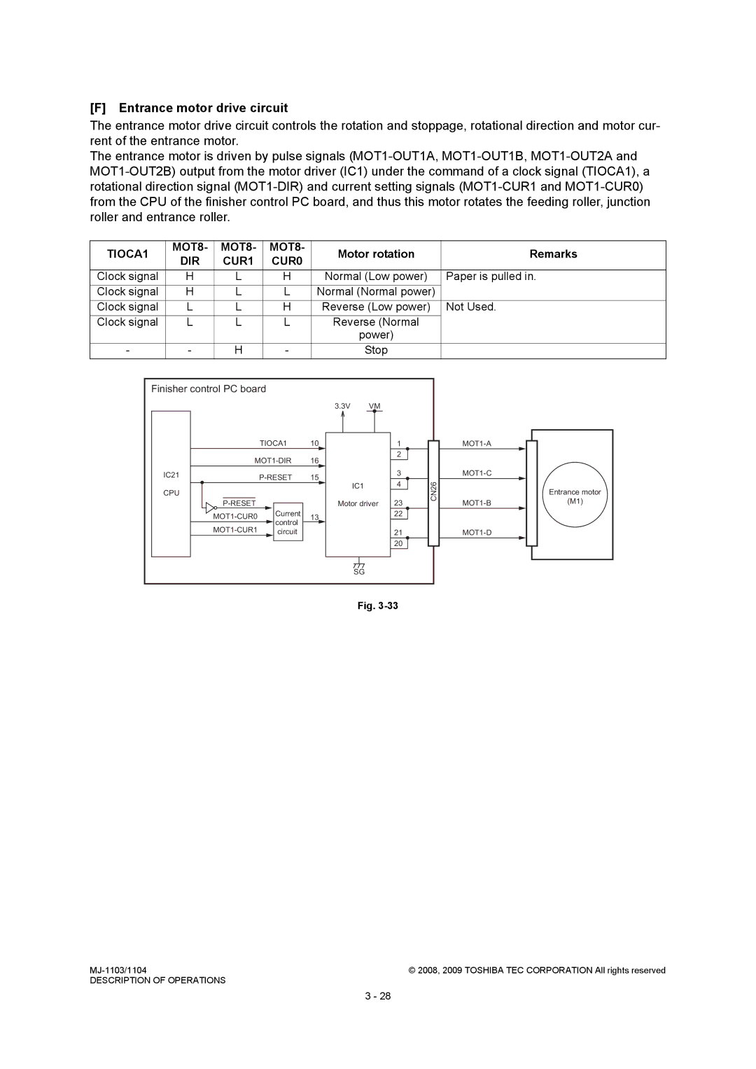 Toshiba MJ-1104, MJ-1103 service manual Entrance motor drive circuit, Paper is pulled 