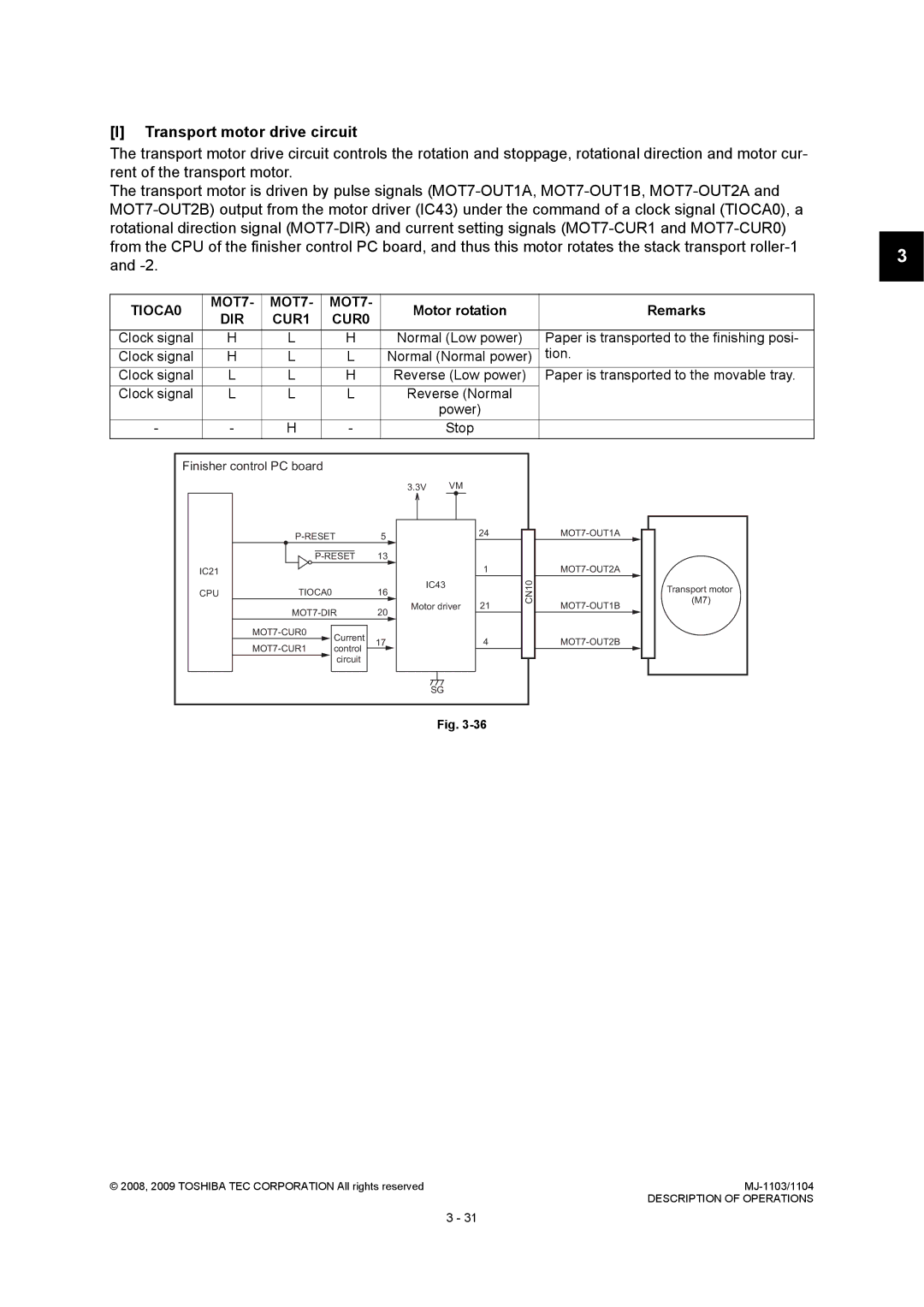 Toshiba MJ-1103, MJ-1104 service manual Transport motor drive circuit, Paper is transported to the finishing posi, Tion 