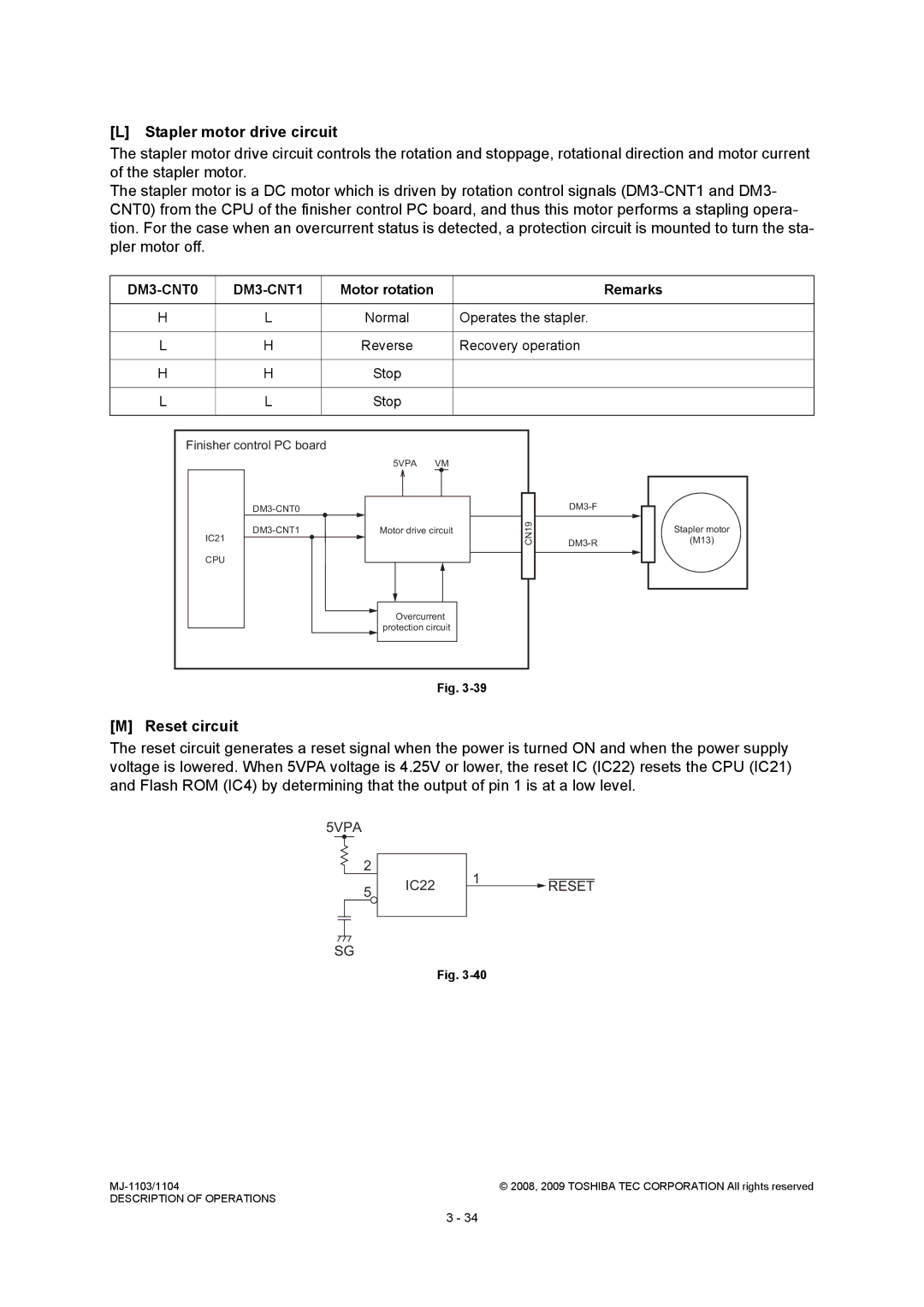 Toshiba MJ-1104, MJ-1103 service manual Stapler motor drive circuit, Reset circuit, Recovery operation, IC22 