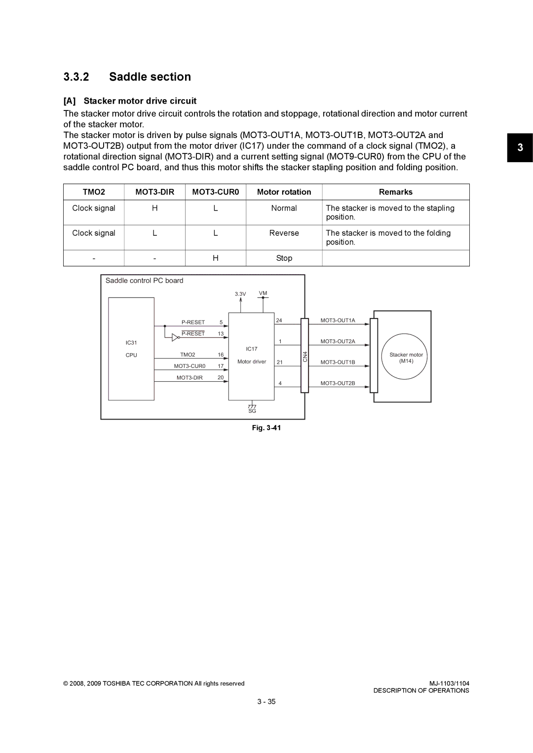 Toshiba MJ-1103, MJ-1104 Saddle section, Stacker motor drive circuit, Stacker is moved to the stapling, Position 