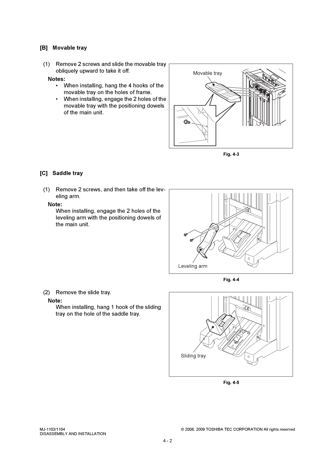 Toshiba MJ-1104, MJ-1103 service manual Movable tray, Saddle tray, Leveling arm, Sliding tray 