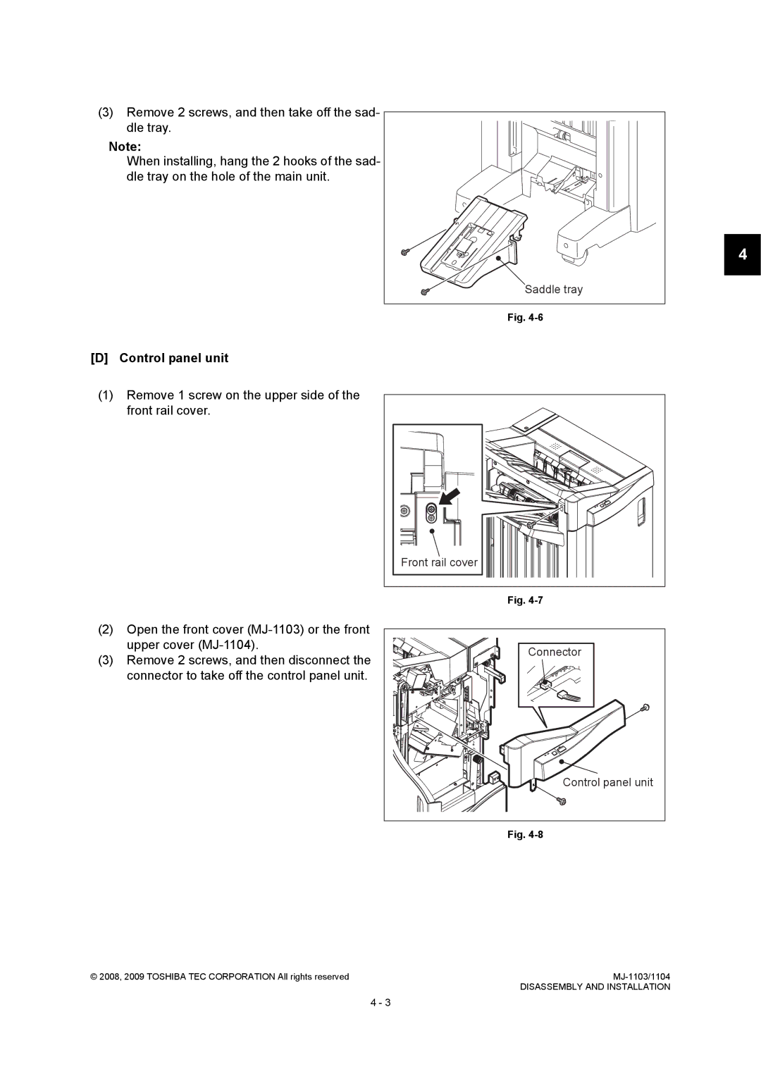 Toshiba MJ-1103 Control panel unit, Remove 1 screw on the upper side of the front rail cover, Saddle tray, Connector 