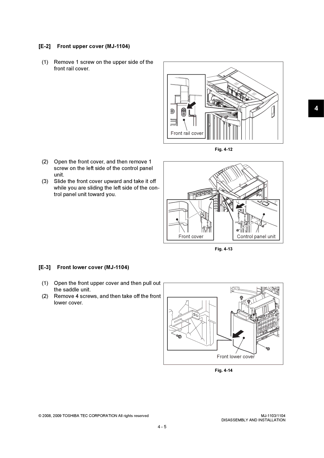 Toshiba MJ-1103 service manual Front upper cover MJ-1104, Front lower cover MJ-1104 