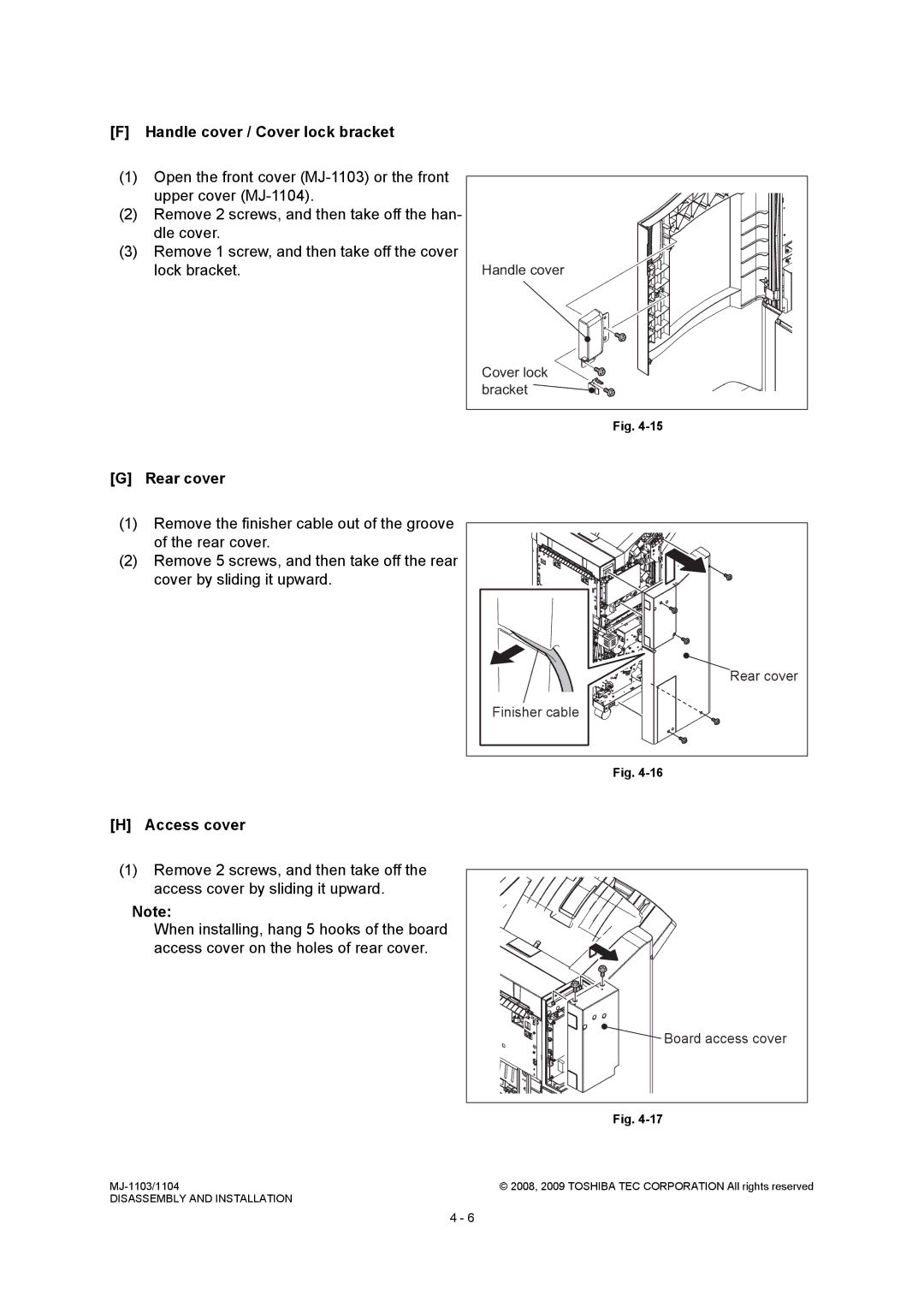 Toshiba MJ-1104, MJ-1103 service manual Handle cover / Cover lock bracket, Rear cover, Access cover, Finisher cable 