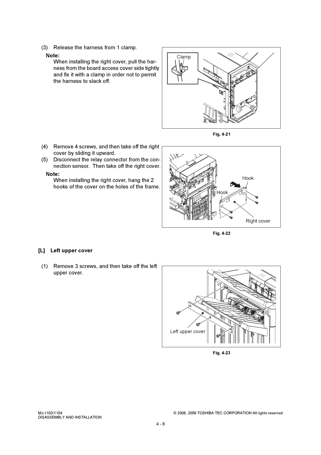 Toshiba MJ-1104, MJ-1103 Left upper cover, Remove 3 screws, and then take off the left upper cover, Clamp, Hook 