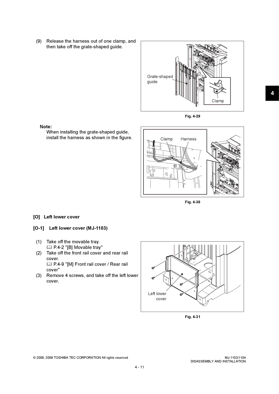 Toshiba MJ-1104 service manual Left lower cover Left lower cover MJ-1103, Grate-shaped, Guide, Clamp Harness 