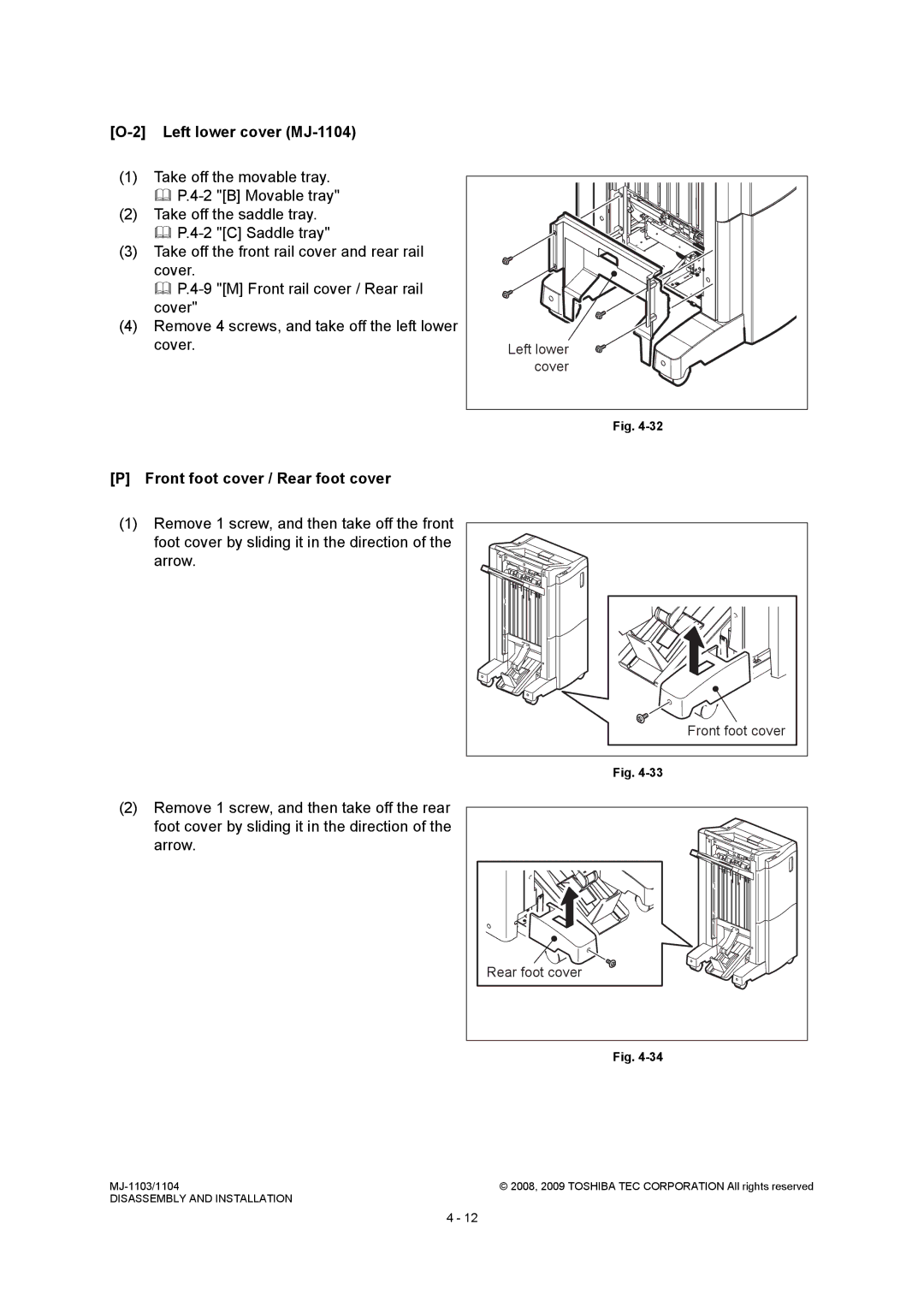 Toshiba MJ-1103 service manual Left lower cover MJ-1104, Front foot cover / Rear foot cover, Cover 