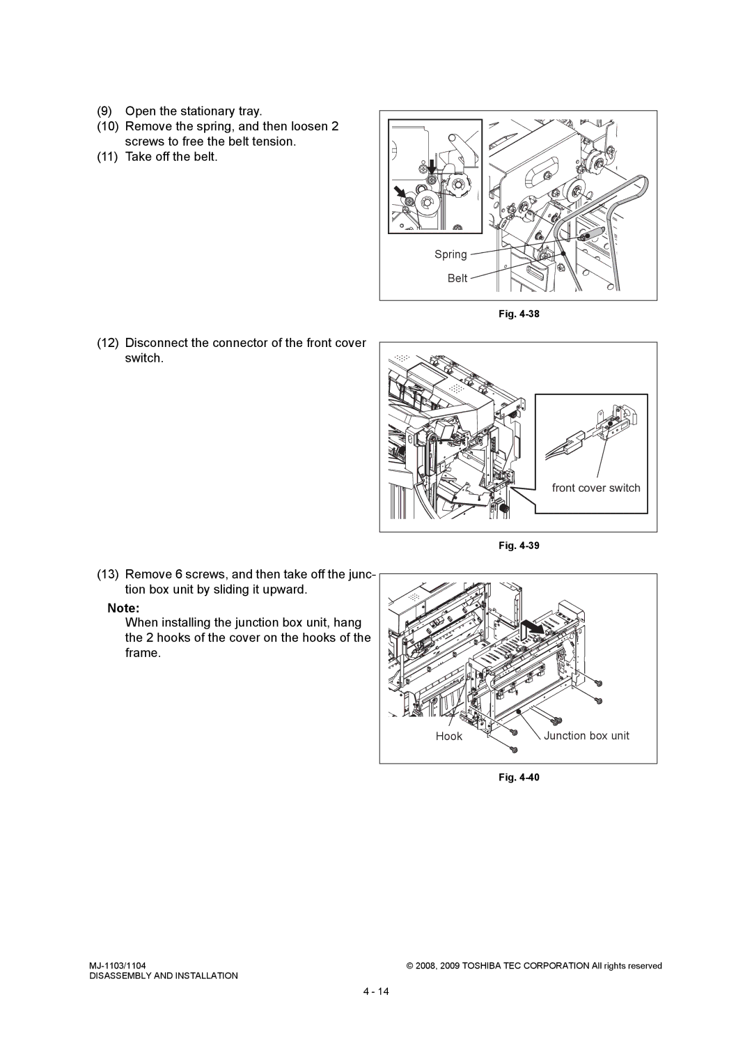 Toshiba MJ-1104, MJ-1103 service manual Disconnect the connector of the front cover switch, Belt 