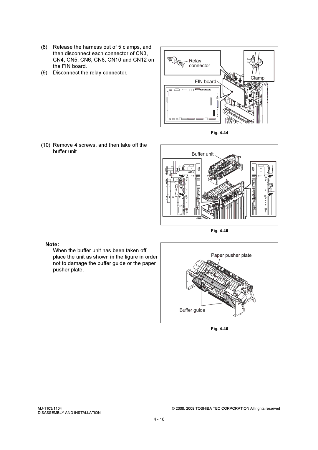 Toshiba MJ-1104, MJ-1103 Remove 4 screws, and then take off the buffer unit, Buffer unit, Paper pusher plate Buffer guide 