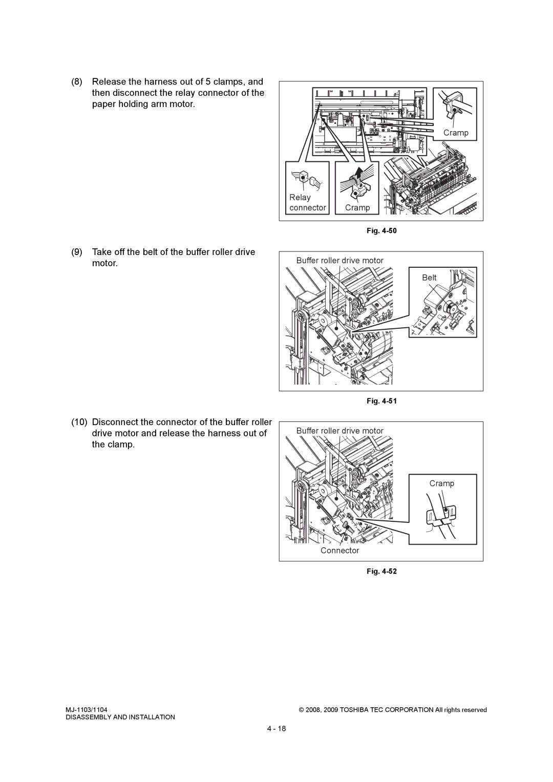 Toshiba MJ-1104, MJ-1103 service manual Take off the belt of the buffer roller drive motor, Relay Connector Cramp 