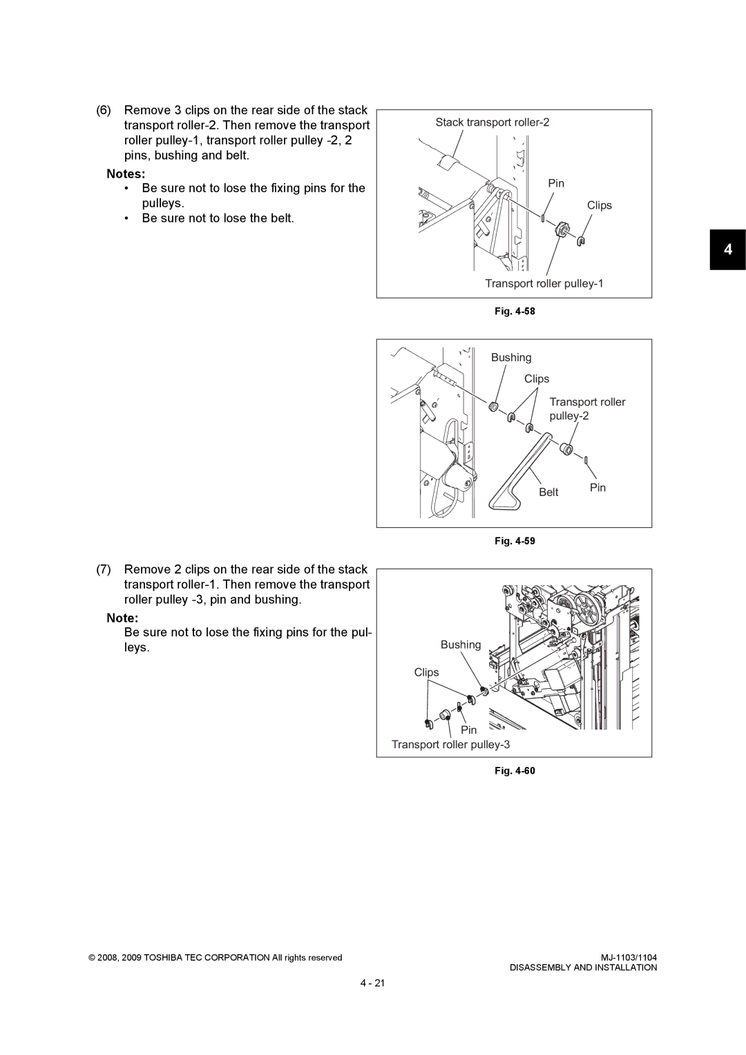 Toshiba MJ-1103, MJ-1104 service manual Belt Pin Bushing Clips Transport roller pulley-3 