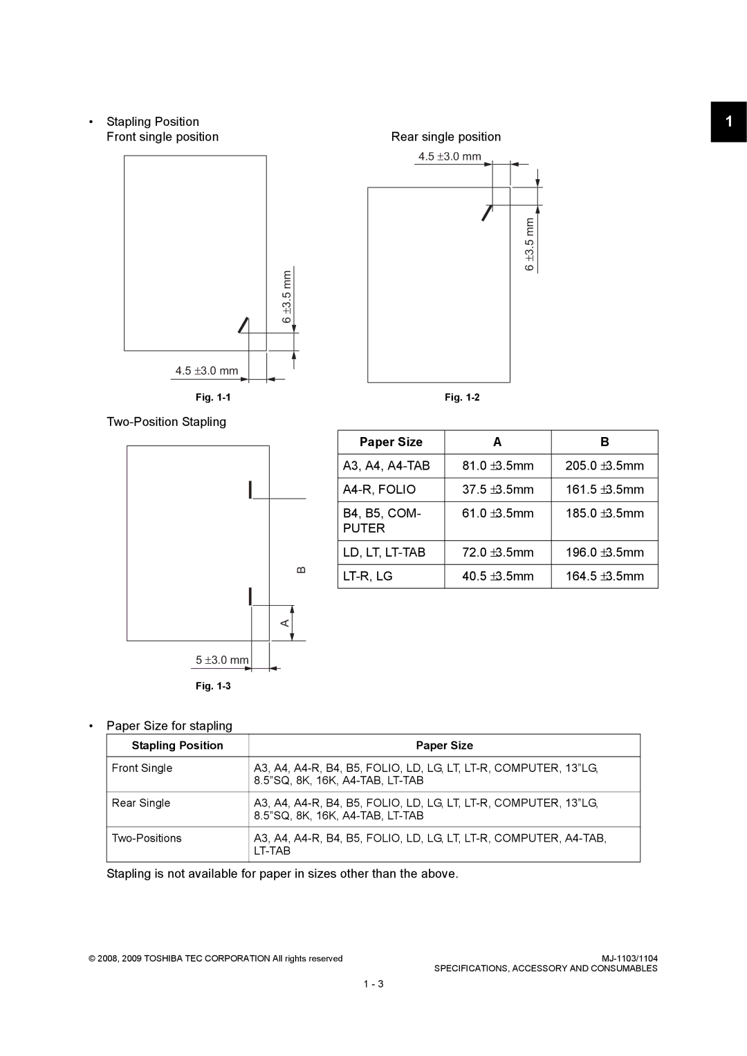 Toshiba MJ-1103, MJ-1104 service manual Paper Size 