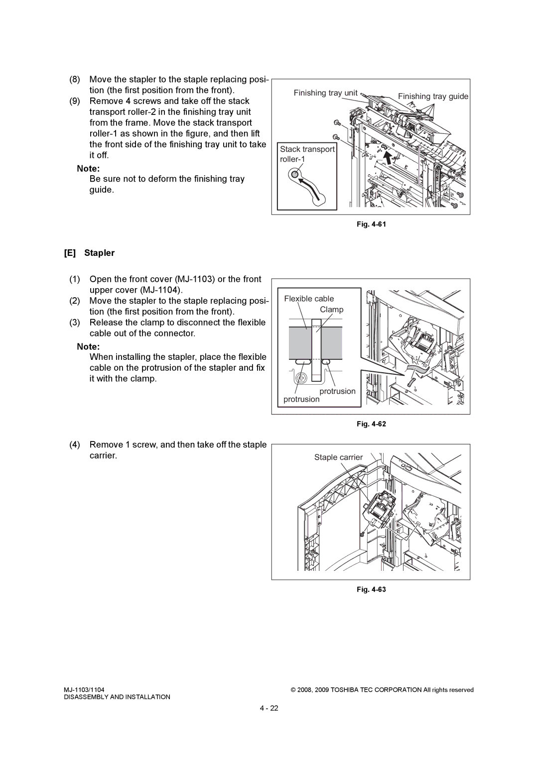 Toshiba MJ-1104, MJ-1103 service manual Stapler, Flexible cable, Protrusion, Staple carrier 