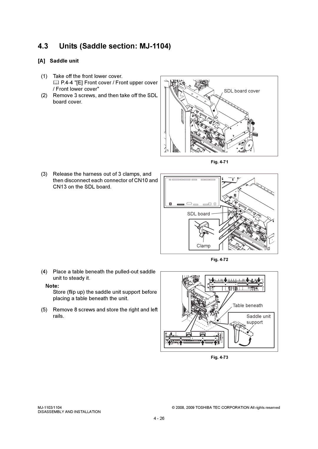 Toshiba MJ-1103 service manual Units Saddle section MJ-1104, Saddle unit, SDL board, Table beneath, Support 