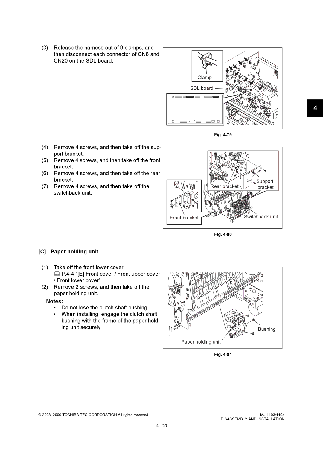 Toshiba MJ-1103, MJ-1104 service manual Paper holding unit, Rear bracket Support Bracket Front bracket 