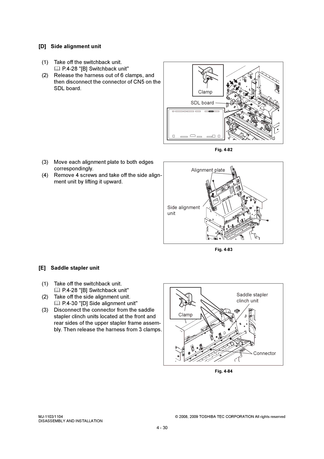 Toshiba MJ-1104, MJ-1103 service manual Side alignment unit, Saddle stapler unit 