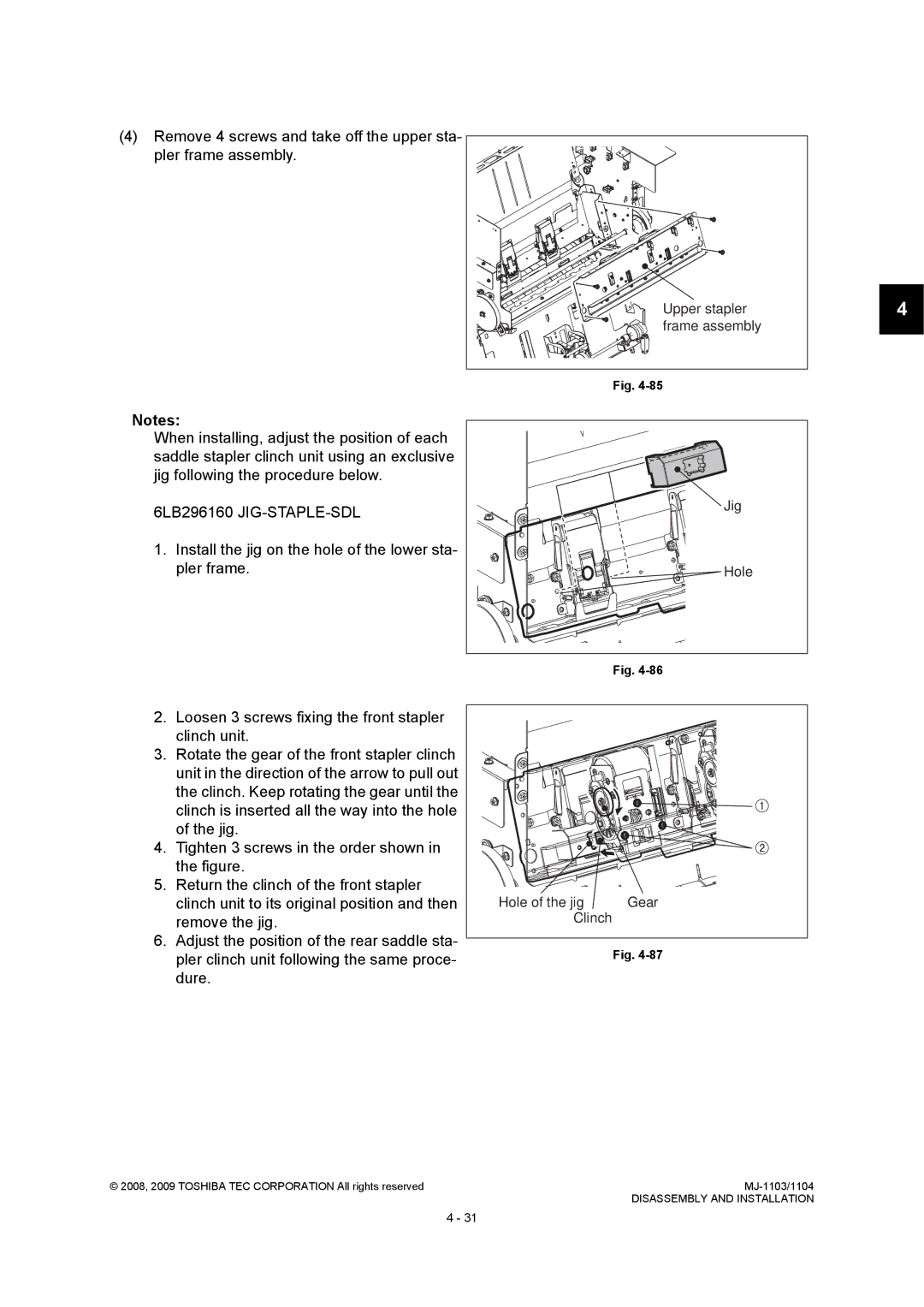 Toshiba MJ-1103 Remove 4 screws and take off the upper sta, Pler frame assembly, Upper stapler, Hole of the jig Gear 