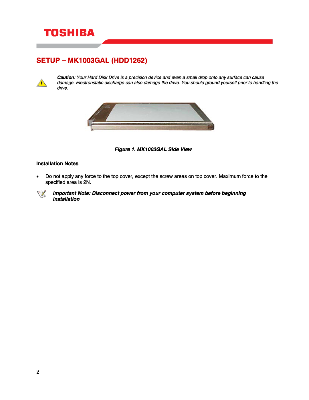 Toshiba user manual SETUP - MK1003GAL HDD1262, MK1003GAL Side View, Installation Notes 