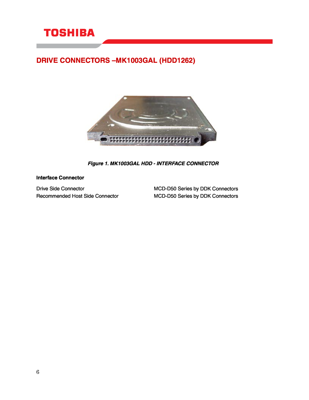 Toshiba user manual DRIVE CONNECTORS -MK1003GAL HDD1262, MK1003GAL HDD - INTERFACE CONNECTOR, Interface Connector 