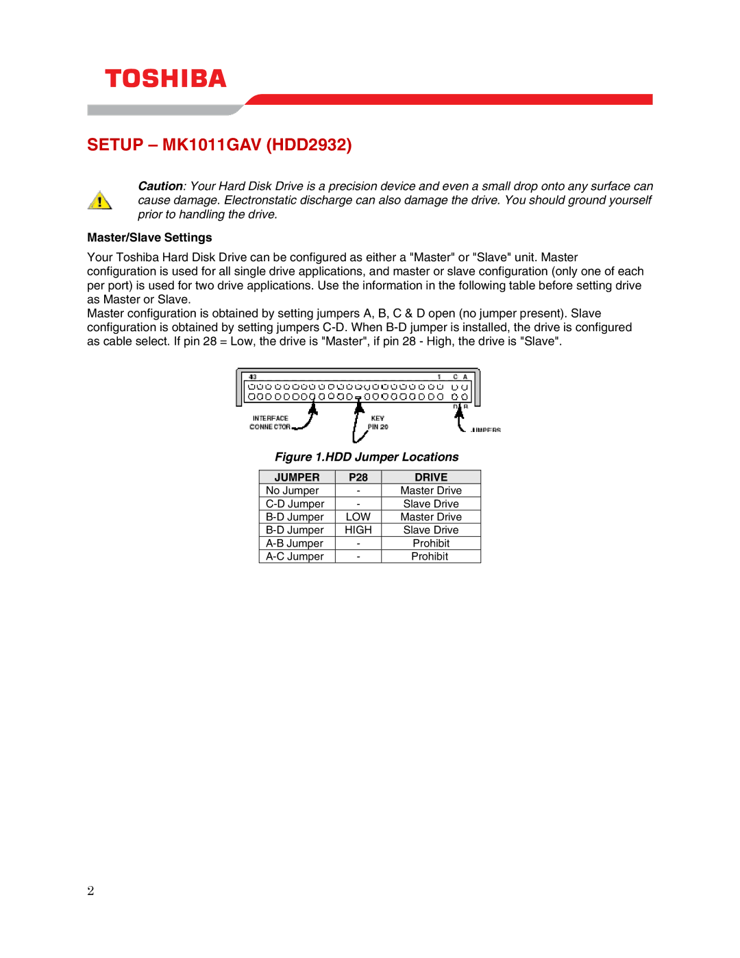 Toshiba user manual Setup MK1011GAV HDD2932, Master/Slave Settings 