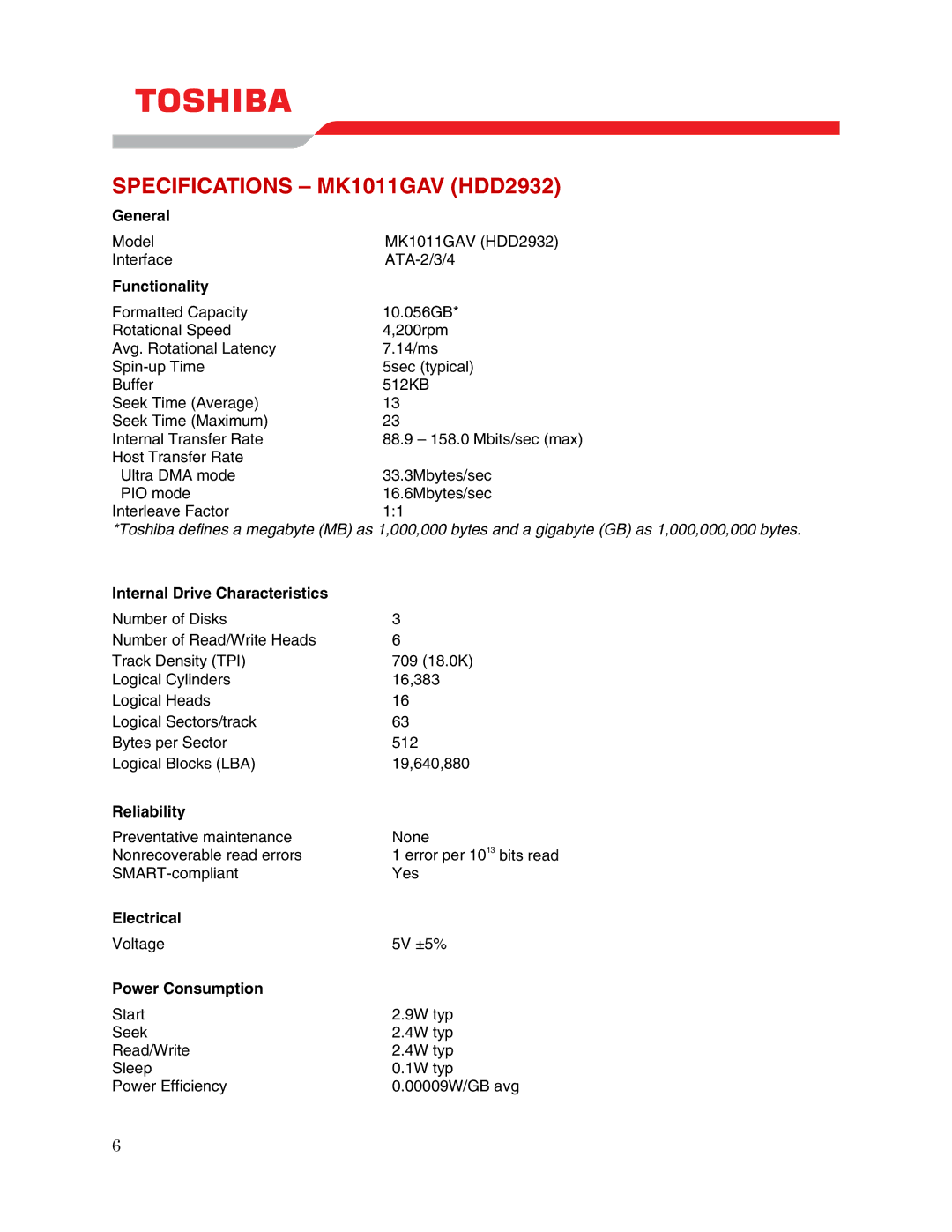 Toshiba user manual Specifications MK1011GAV HDD2932 