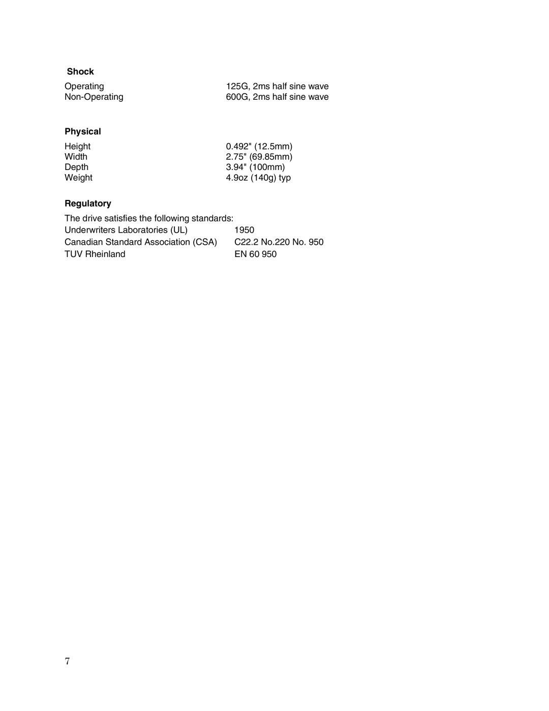 Toshiba MK1011GAV user manual Shock, Physical, Regulatory 