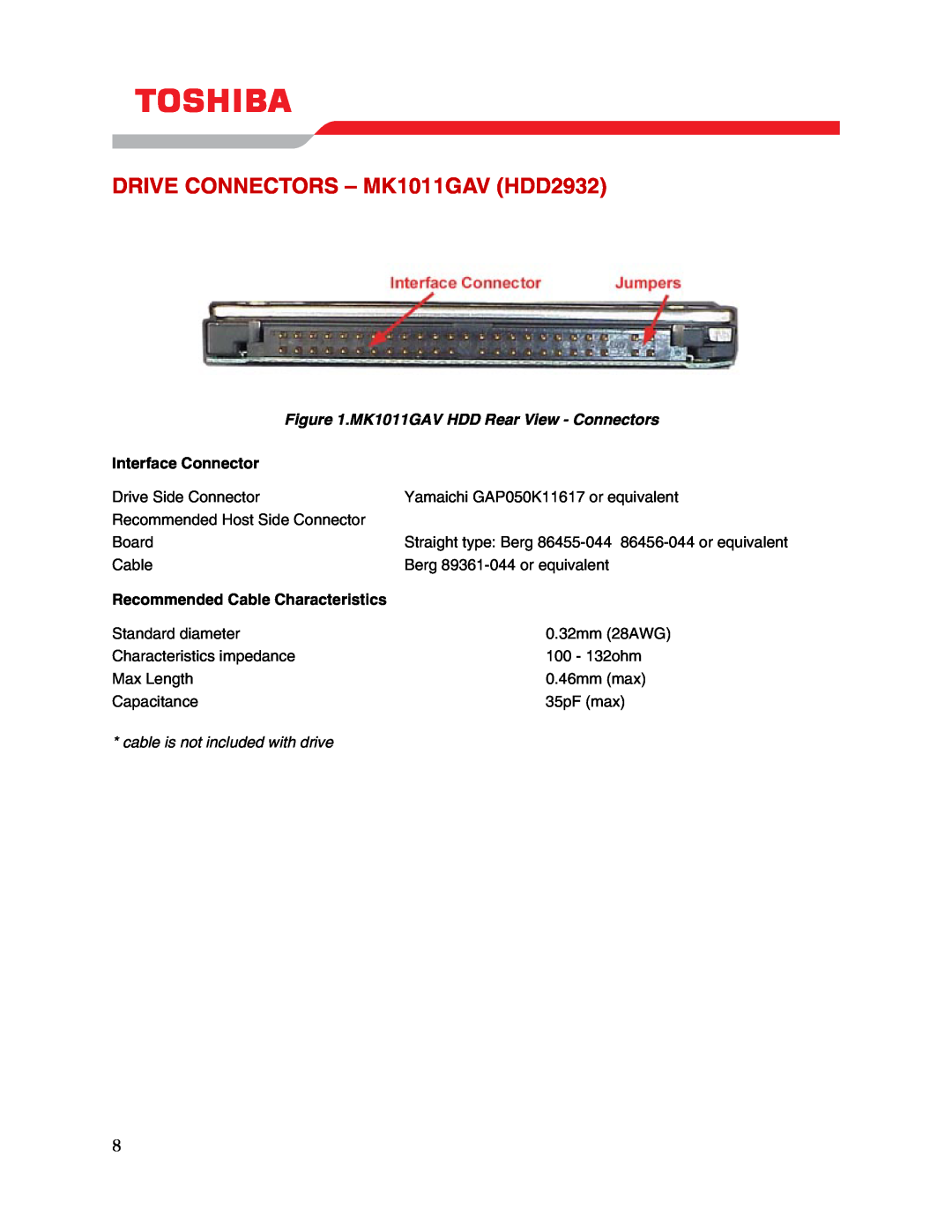 Toshiba user manual DRIVE CONNECTORS - MK1011GAV HDD2932, MK1011GAV HDD Rear View - Connectors, Interface Connector 