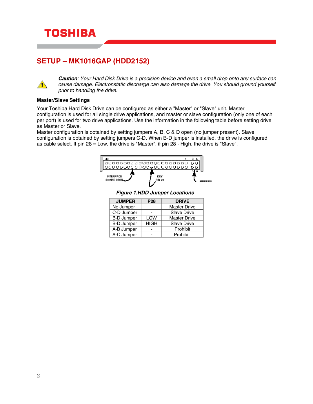 Toshiba user manual Setup MK1016GAP HDD2152, Master/Slave Settings 