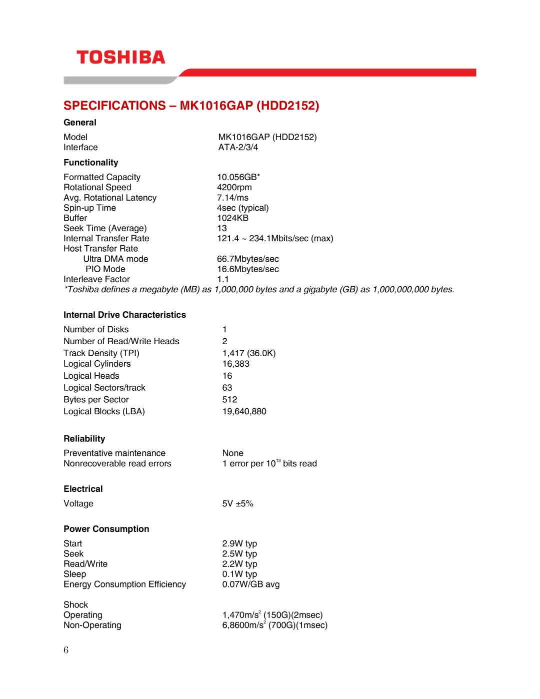 Toshiba user manual Specifications MK1016GAP HDD2152 