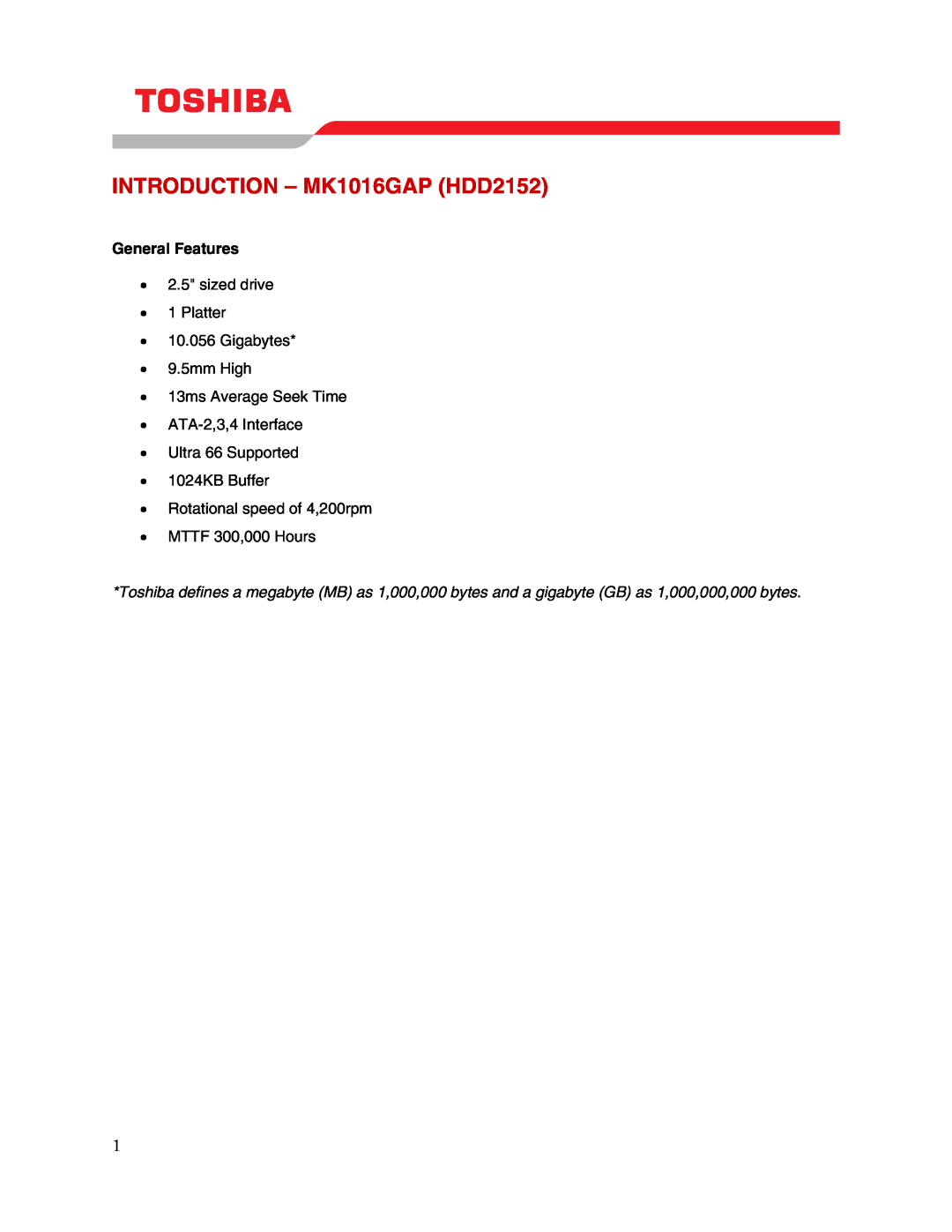Toshiba user manual INTRODUCTION - MK1016GAP HDD2152, General Features 
