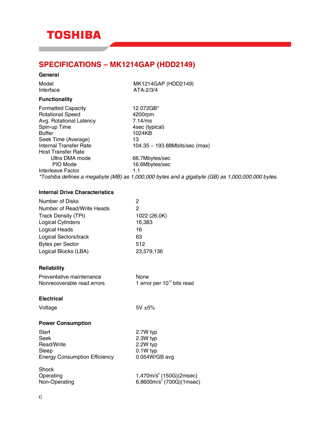 Toshiba user manual Specifications MK1214GAP HDD2149 