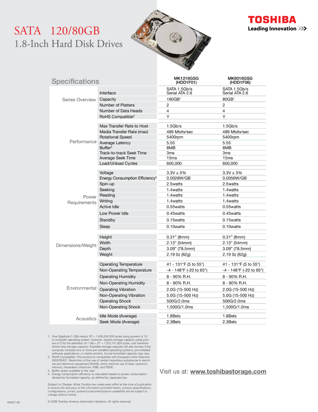 Toshiba MK1216GSG manual Series Overview, Performance, Power, Requirements, Dimensions/Weight, Environmental, Acoustics 