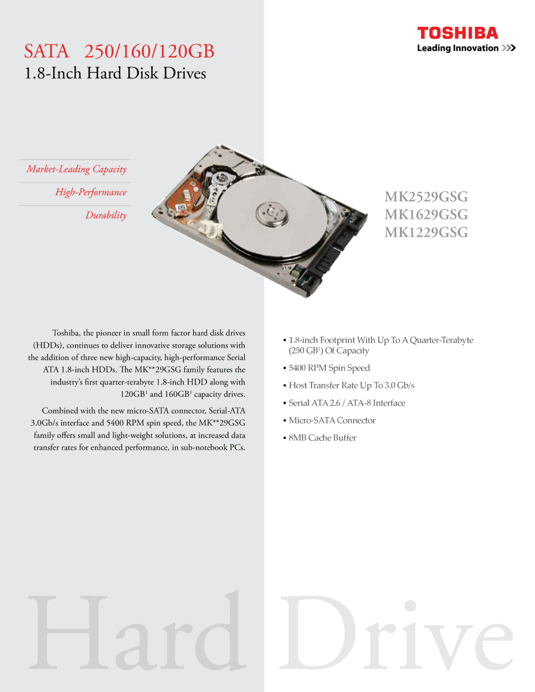 Toshiba HDD1F09, MK1229GSG manual Hard Drive 