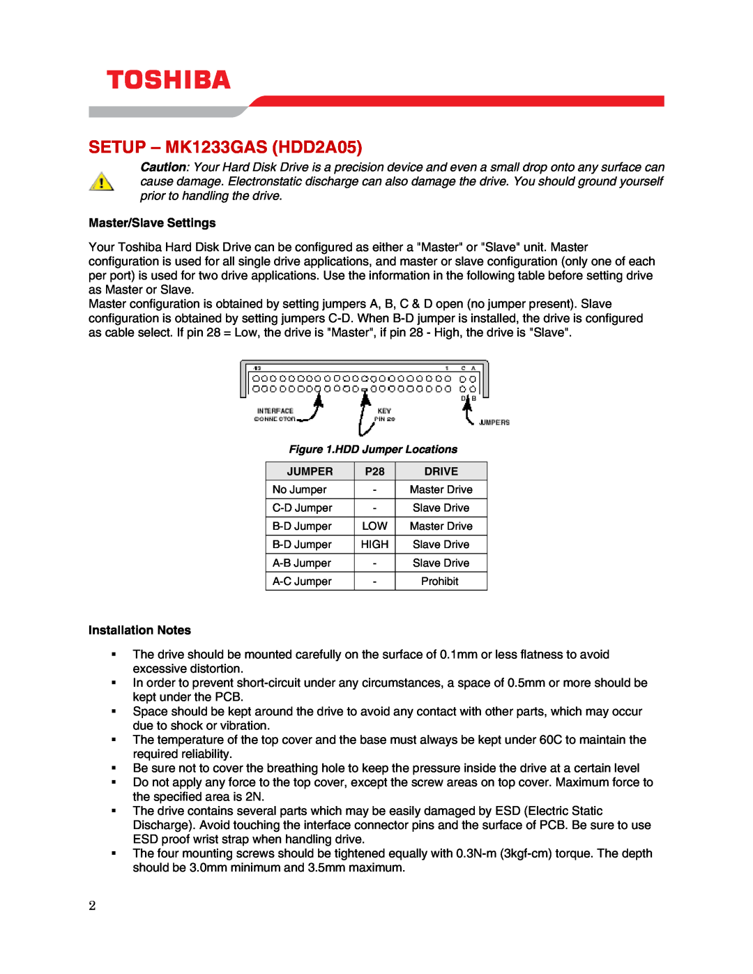 Toshiba user manual SETUP - MK1233GAS HDD2A05, Master/Slave Settings, Installation Notes 