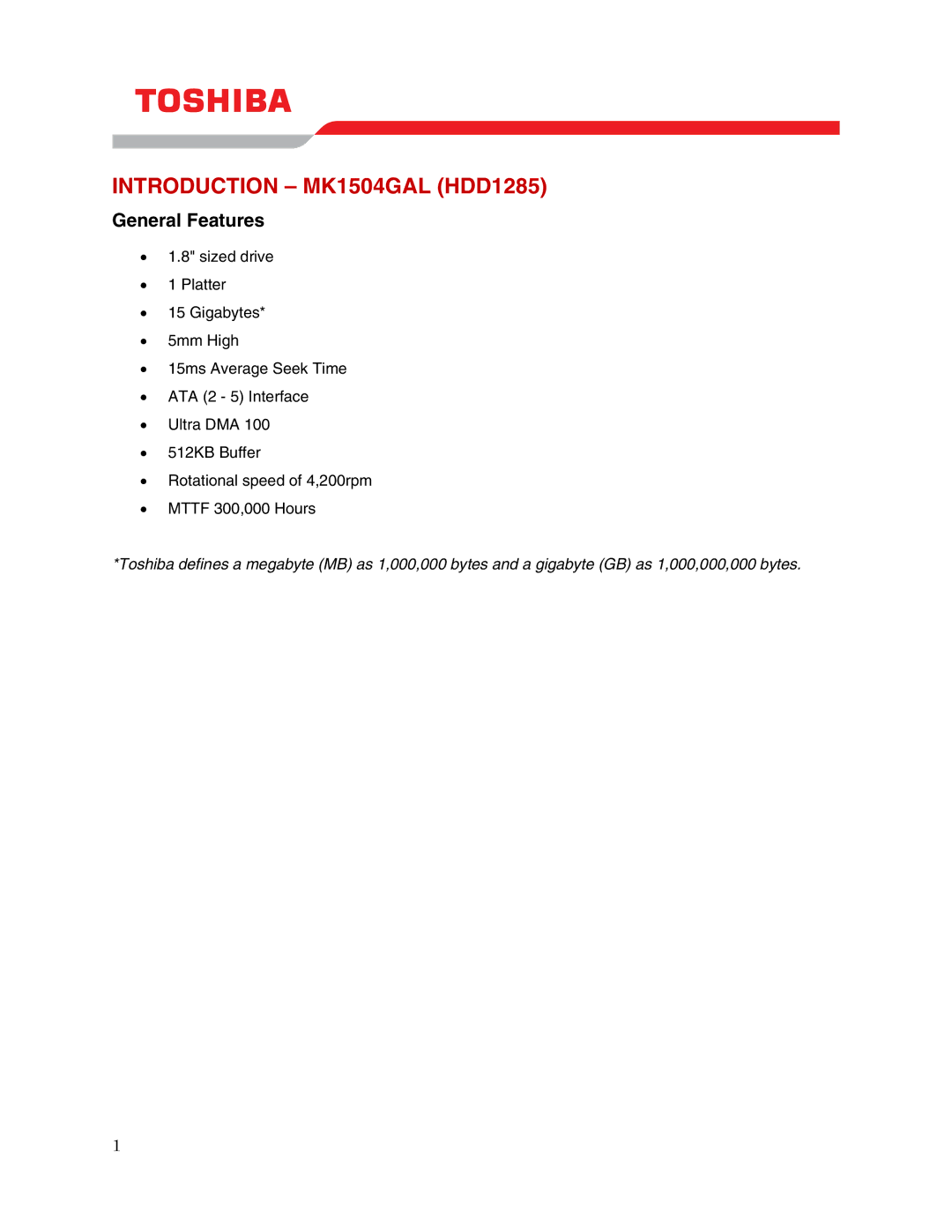 Toshiba user manual Introduction MK1504GAL HDD1285, General Features 