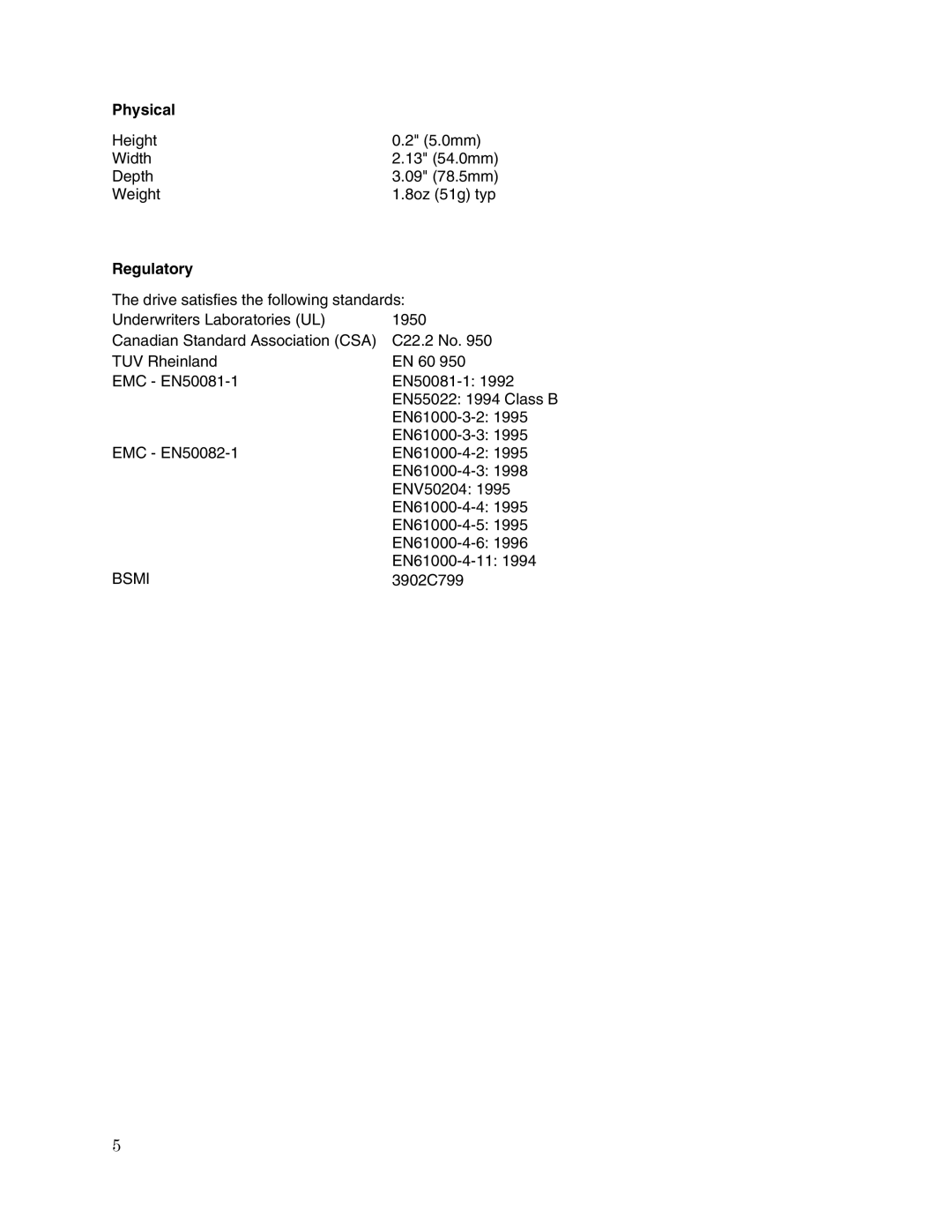 Toshiba MK1504GAL user manual Physical, Regulatory 