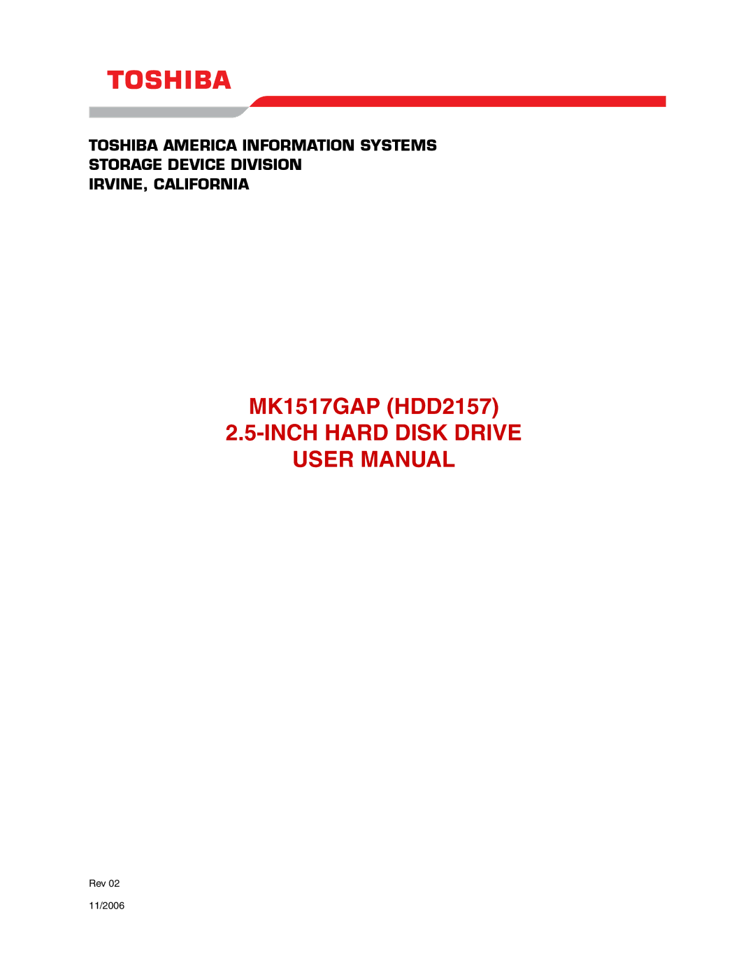 Toshiba MK1517GAP (HDD2157) user manual Inch Hard Disk Drive 