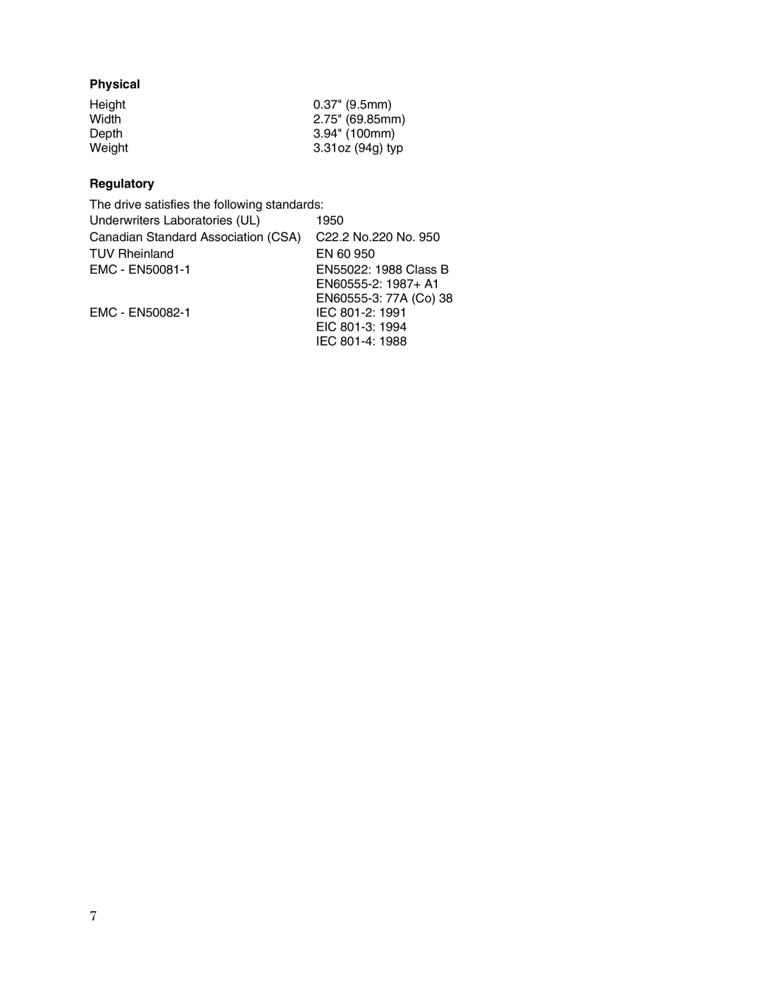 Toshiba MK1517GAP (HDD2157) user manual Physical, Regulatory 